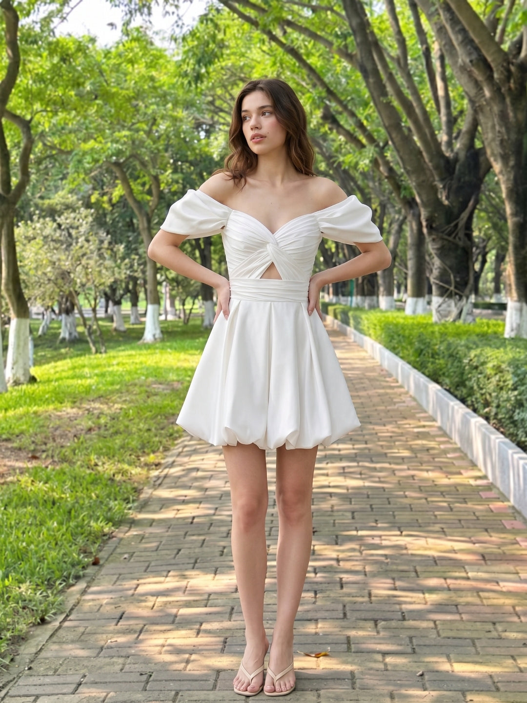 White Satin A-Line Off-the-Shoulder Backless Short Homecoming Dress with Pleating
