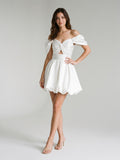 White Satin A-Line Off-the-Shoulder Backless Short Homecoming Dress with Pleating