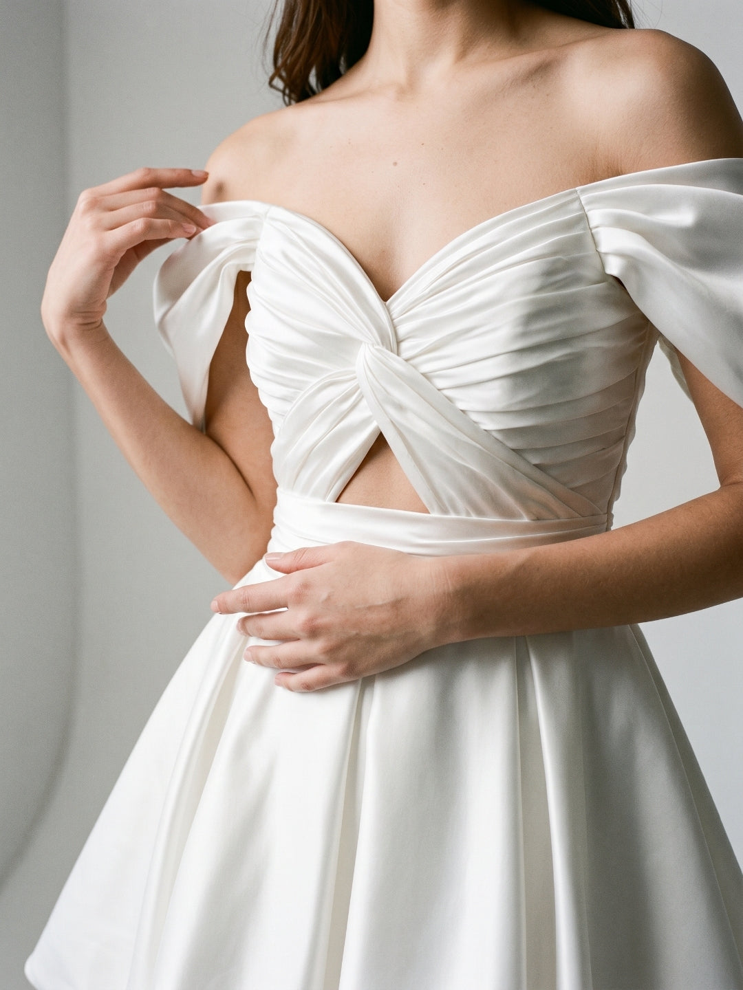 White Satin A-Line Off-the-Shoulder Backless Short Homecoming Dress with Pleating