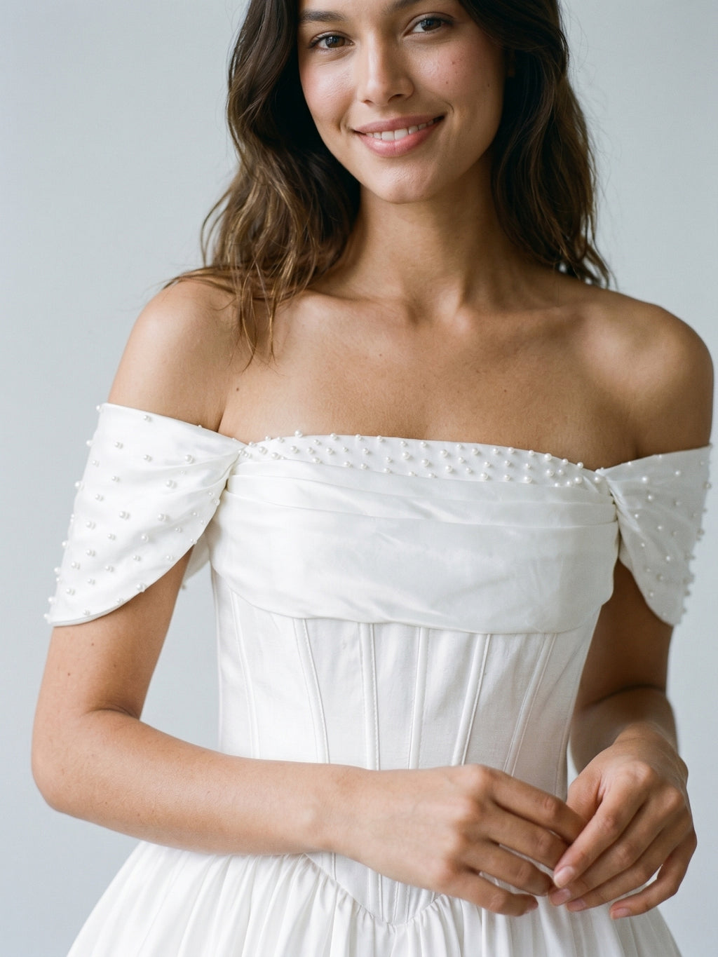 White Satin A-Line Off-the-Shoulder Criss-Cross Straps Mini Homecoming Dress with Beading