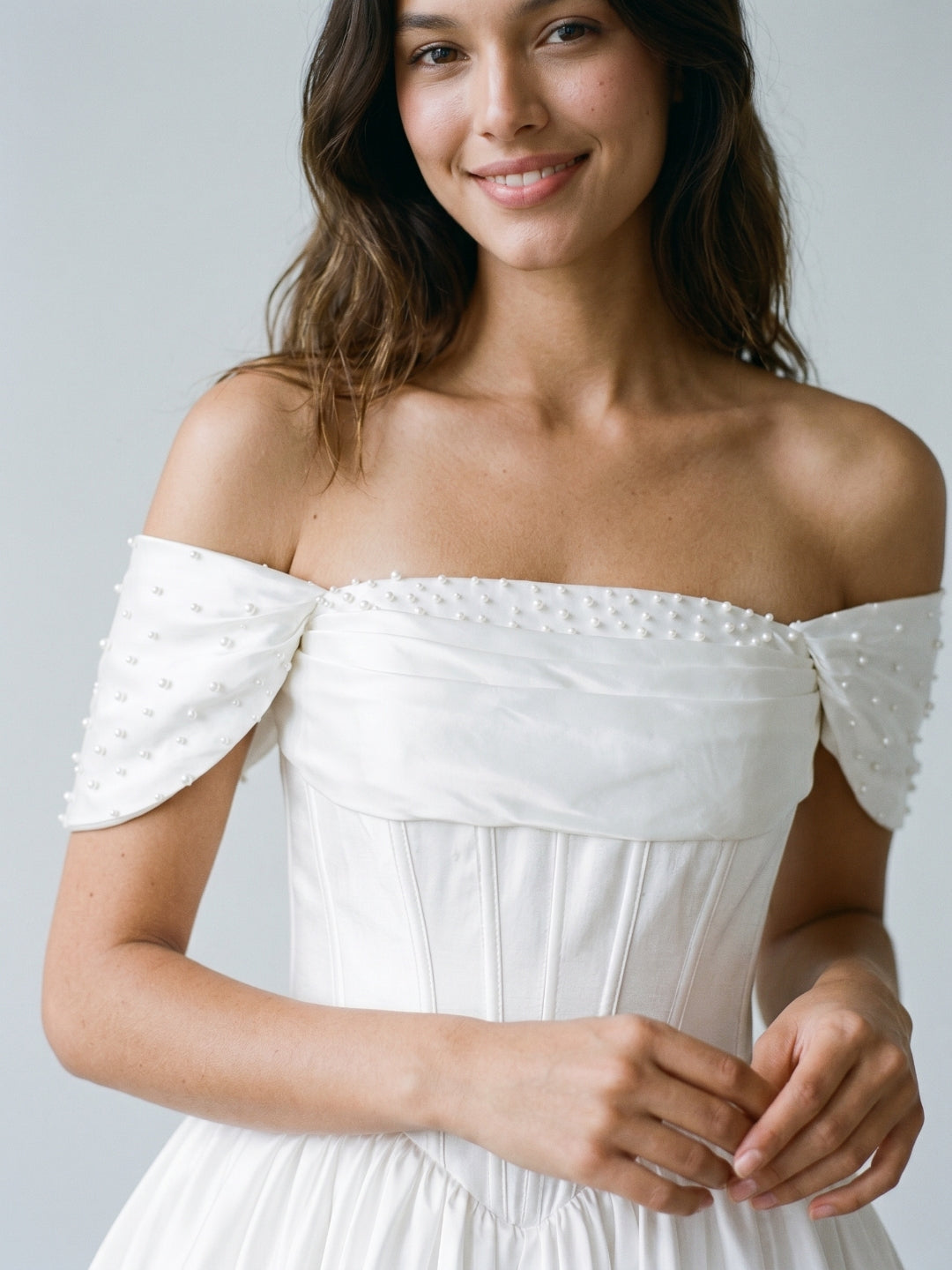 White Satin A-Line Off-the-Shoulder Criss-Cross Straps Mini Homecoming Dress with Beading