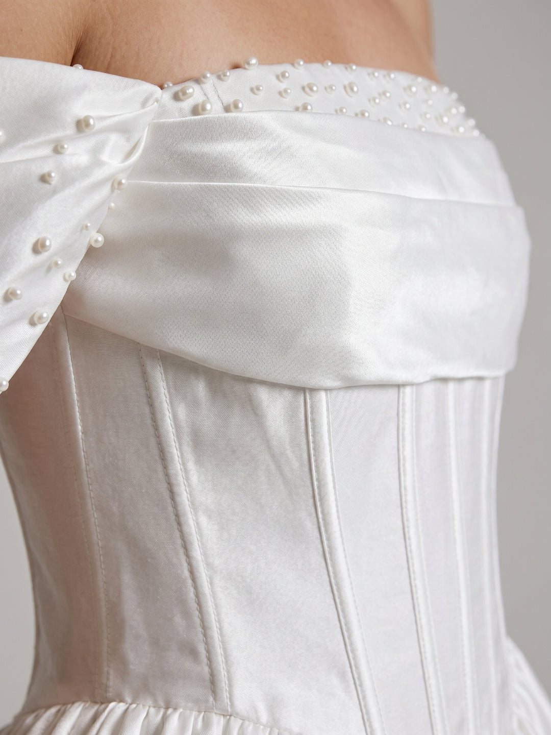 White Satin A-Line Off-the-Shoulder Criss-Cross Straps Mini Homecoming Dress with Beading