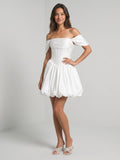 White Satin A-Line Off-the-Shoulder Criss-Cross Straps Mini Homecoming Dress with Beading