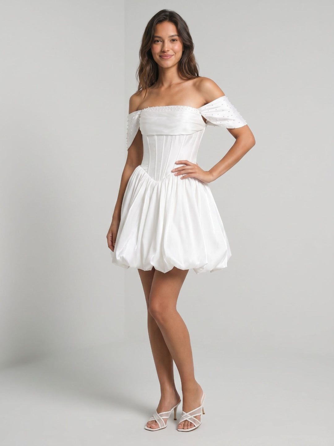 White Satin A-Line Off-the-Shoulder Criss-Cross Straps Mini Homecoming Dress with Beading