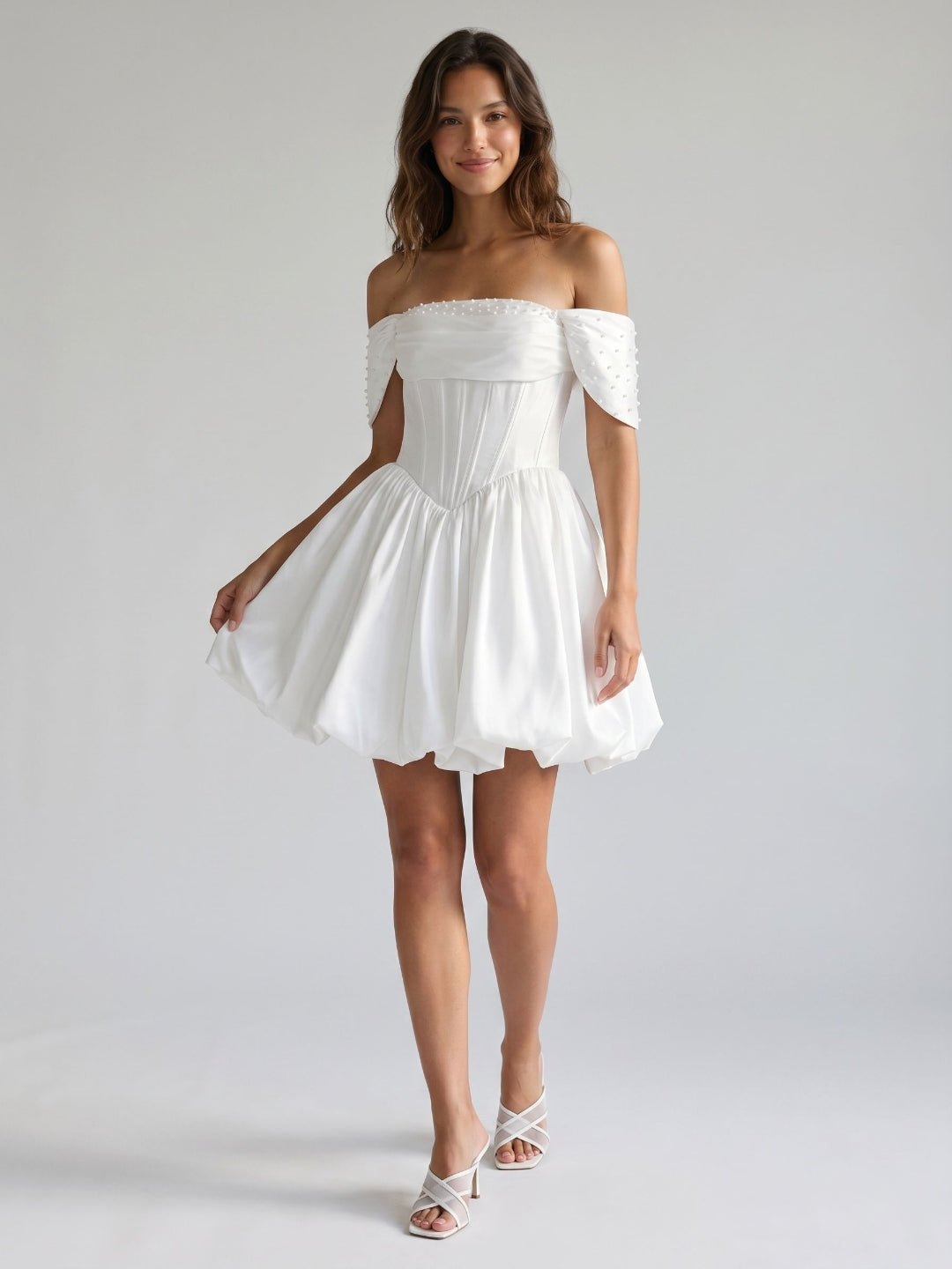 White Satin A-Line Off-the-Shoulder Criss-Cross Straps Mini Homecoming Dress with Beading