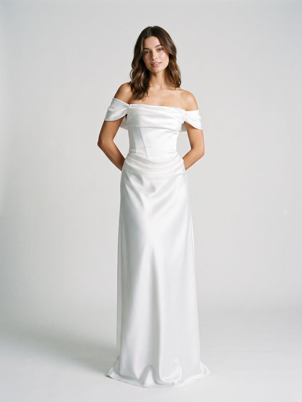 White Satin A-Line Off-the-Shoulder Side Zip Floor-Length Evening Dress