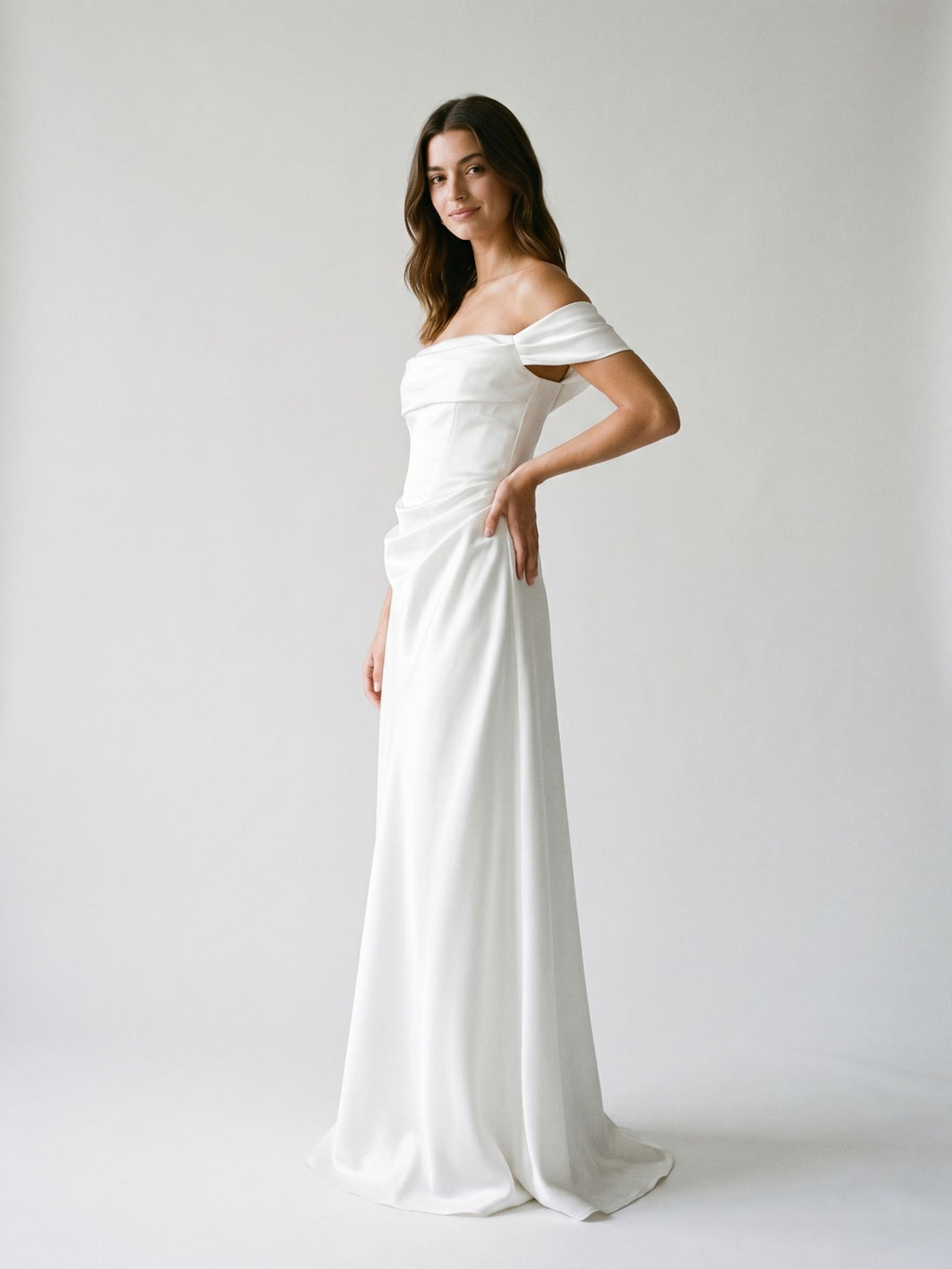 White Satin A-Line Off-the-Shoulder Side Zip Floor-Length Evening Dress