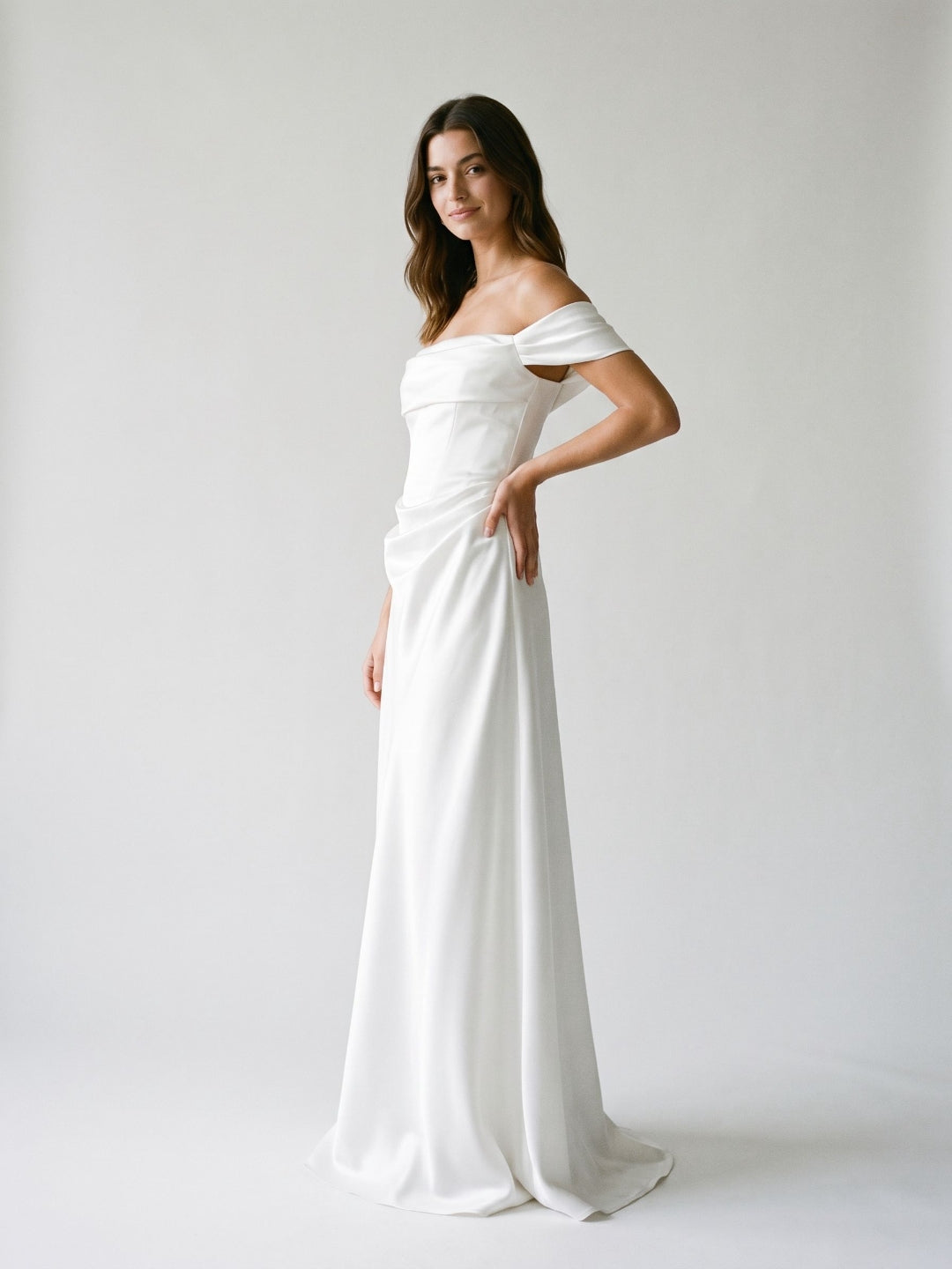 White Satin A-Line Off-the-Shoulder Side Zip Floor-Length Evening Dress