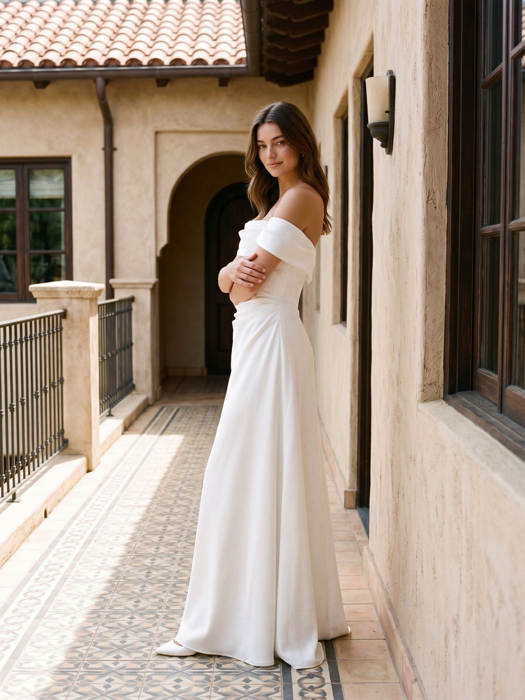 White Satin A-Line Off-the-Shoulder Side Zip Floor-Length Evening Dress
