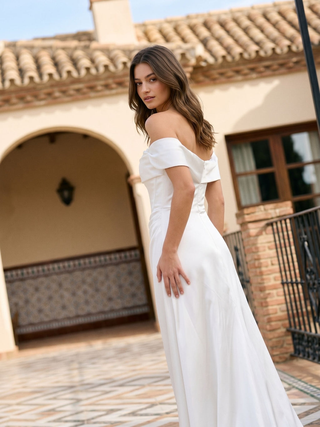 White Satin A-Line Off-the-Shoulder Side Zip Floor-Length Evening Dress