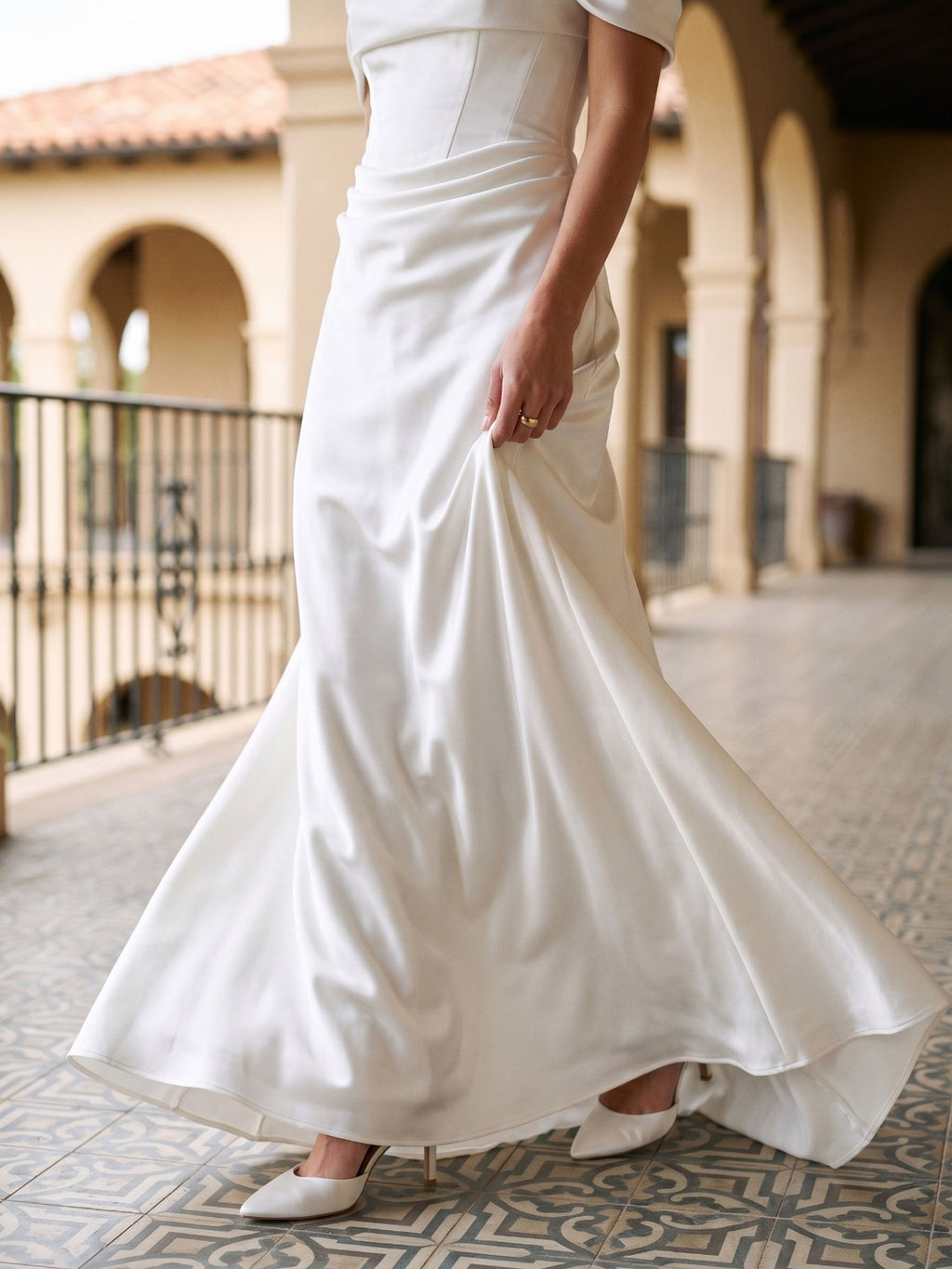 White Satin A-Line Off-the-Shoulder Side Zip Floor-Length Evening Dress