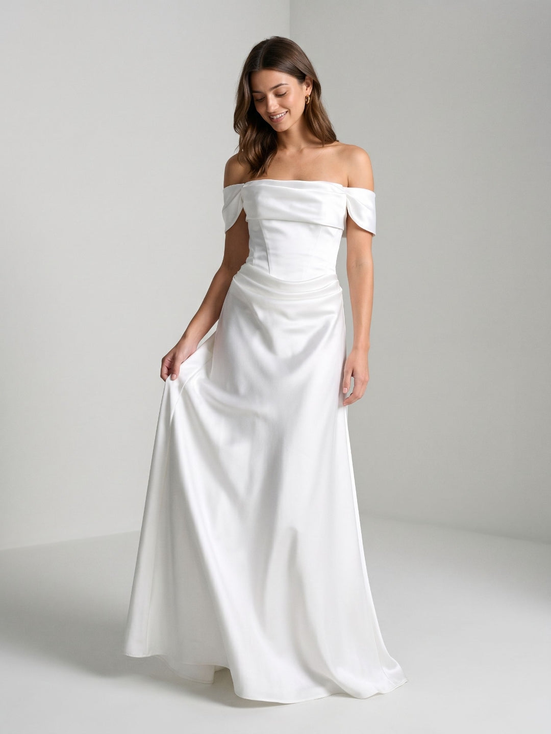 White Satin A-Line Off-the-Shoulder Side Zip Floor-Length Evening Dress