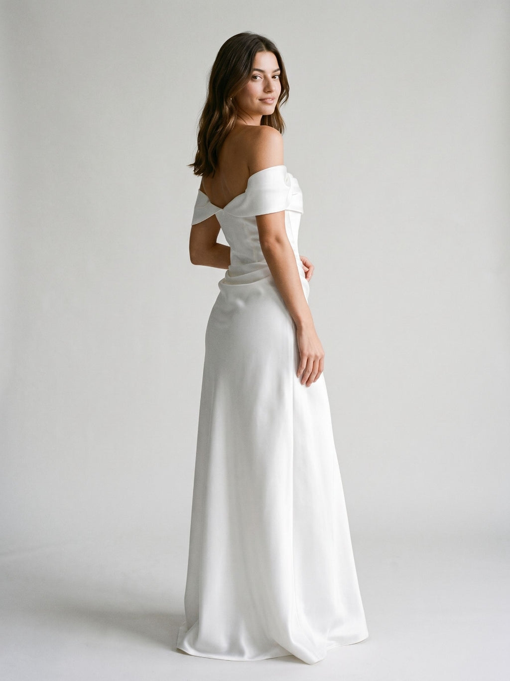 White Satin A-Line Off-the-Shoulder Side Zip Floor-Length Evening Dress