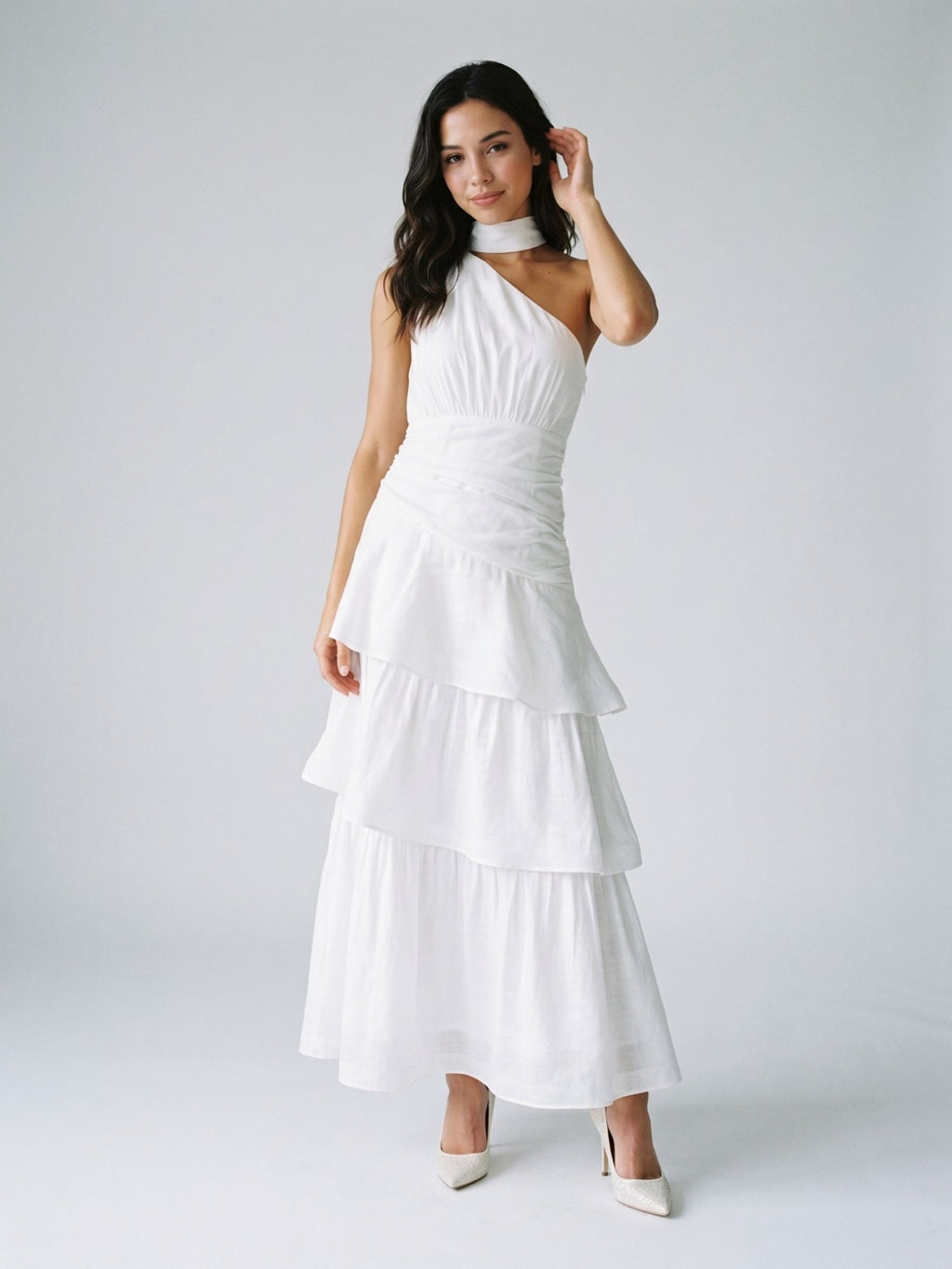 White Satin A-Line One Shoulder Side Zip Ankle-Length Evening Dress with Cascading Ruffles