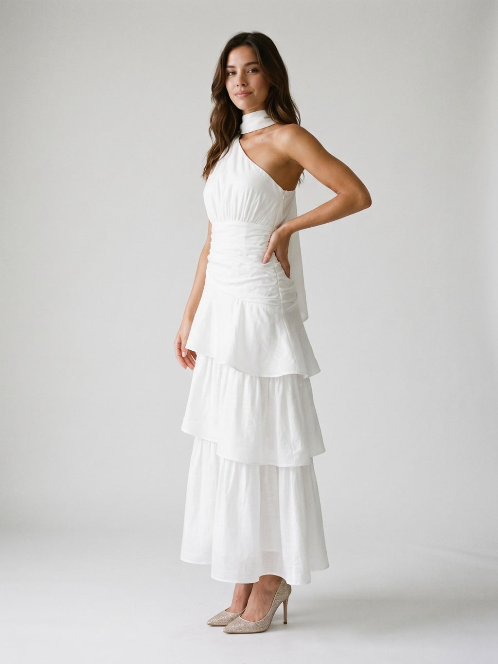 White Satin A-Line One Shoulder Side Zip Ankle-Length Evening Dress with Cascading Ruffles