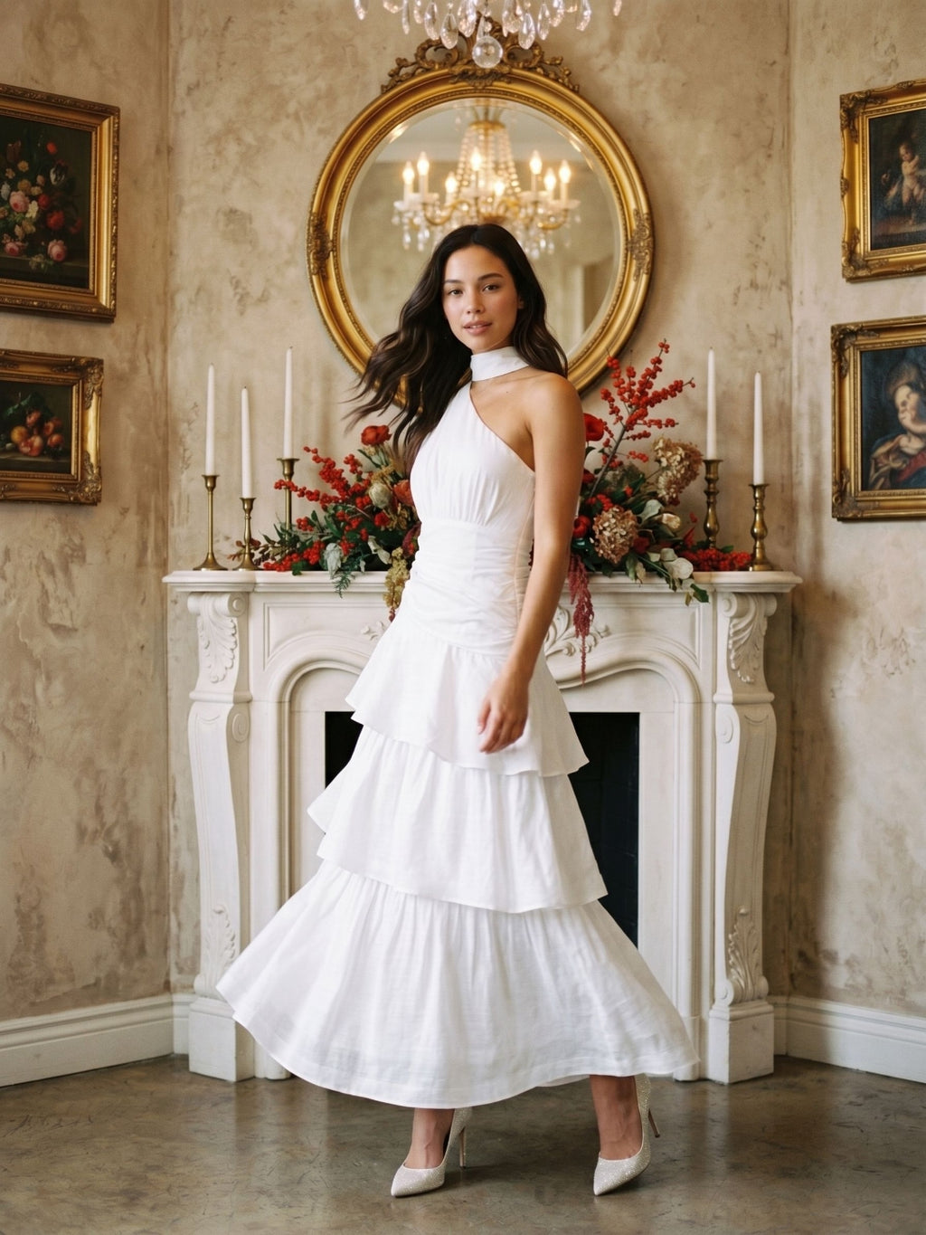 White Satin A-Line One Shoulder Side Zip Ankle-Length Evening Dress with Cascading Ruffles