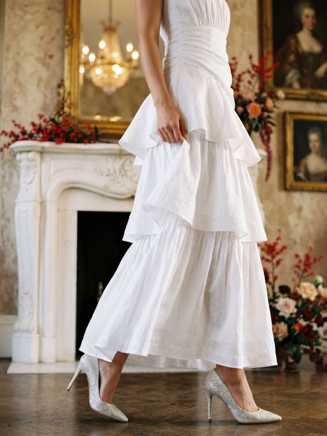 White Satin A-Line One Shoulder Side Zip Ankle-Length Evening Dress with Cascading Ruffles