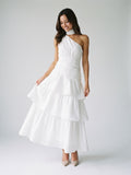 White Satin A-Line One Shoulder Side Zip Ankle-Length Evening Dress with Cascading Ruffles