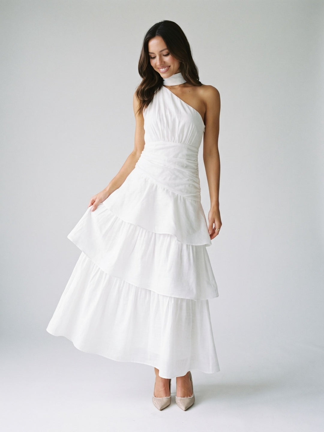 White Satin A-Line One Shoulder Side Zip Ankle-Length Evening Dress with Cascading Ruffles