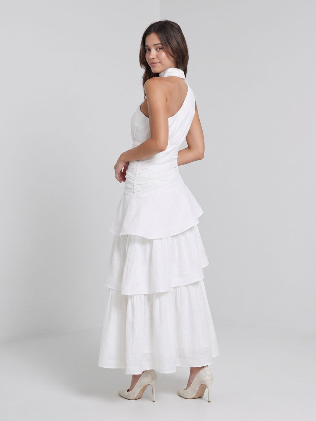 White Satin A-Line One Shoulder Side Zip Ankle-Length Evening Dress with Cascading Ruffles