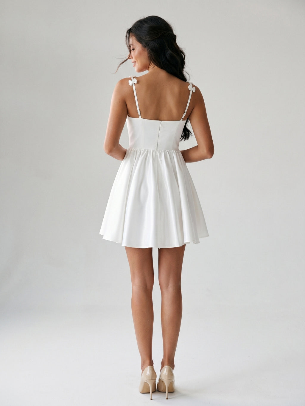 White Satin A-Line Square Neck Back Zip Mini Homecoming Dress with Bow