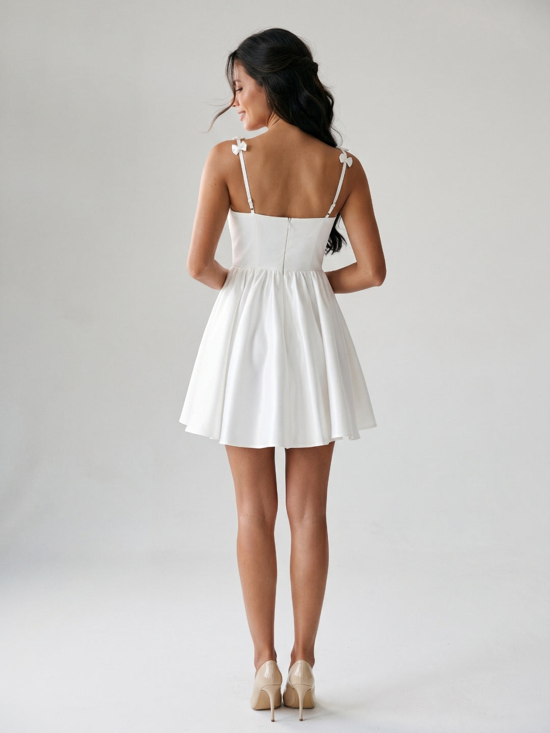 White Satin A-Line Square Neck Back Zip Mini Homecoming Dress with Bow