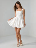 White Satin A-Line Square Neck Back Zip Mini Homecoming Dress with Pleats