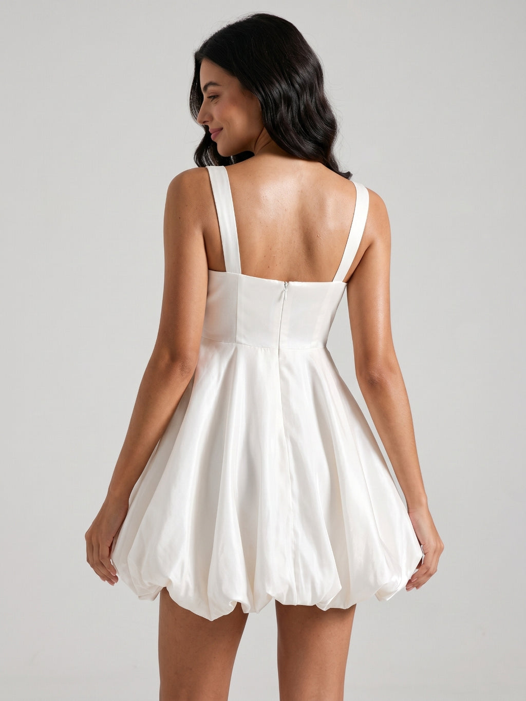 White Satin A-Line Square Neck Back Zip Mini Homecoming Dress with Pleats