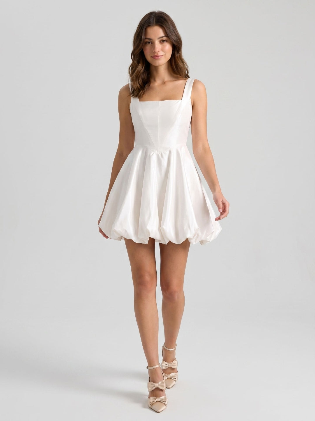 White Satin A-Line Square Neck Back Zip Mini Homecoming Dress with Pleats