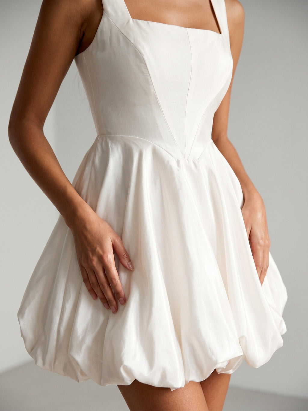 White Satin A-Line Square Neck Back Zip Mini Homecoming Dress with Pleats