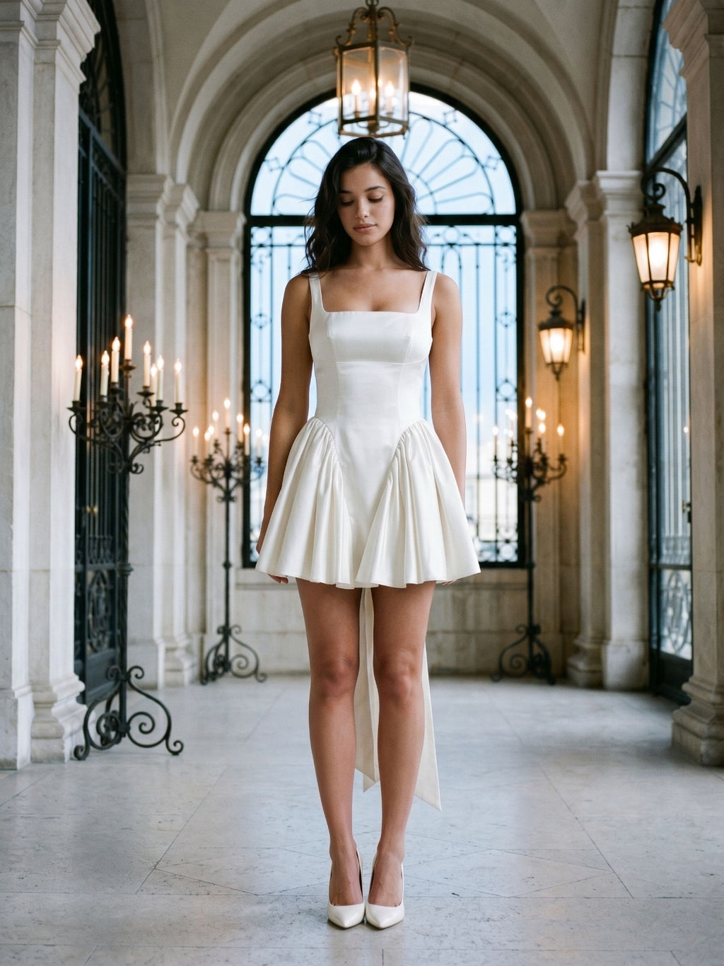 White Satin A-Line Square Neck Backless Short Birthday Dress with Bow