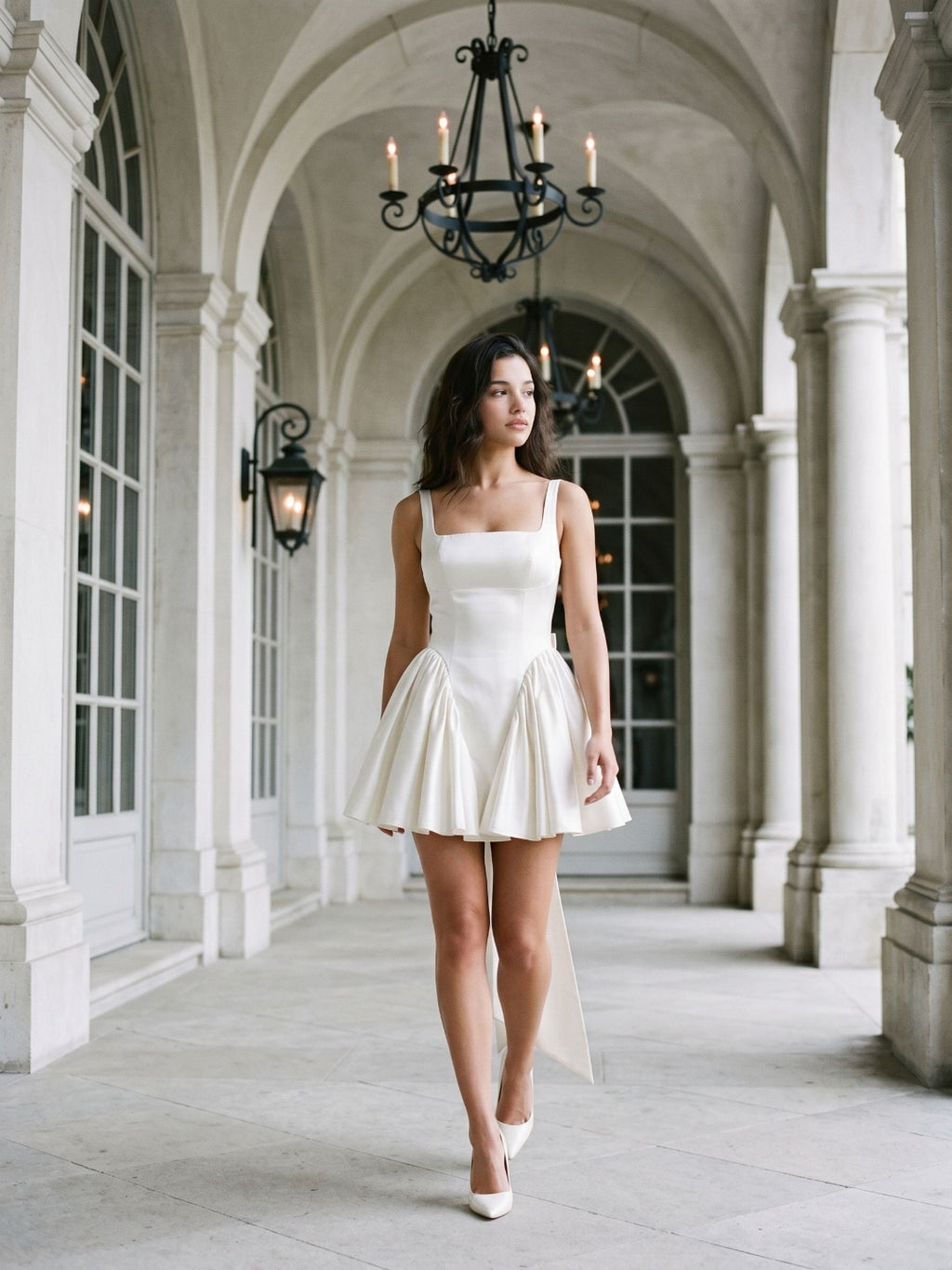 White Satin A-Line Square Neck Backless Short Birthday Dress with Bow