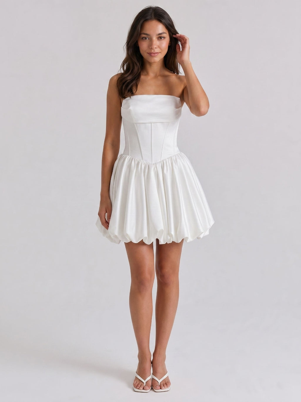 White Satin A-Line Straight Neck Back Zip Mini Homecoming Dress with Pleats