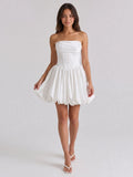 White Satin A-Line Straight Neck Back Zip Mini Homecoming Dress with Pleats