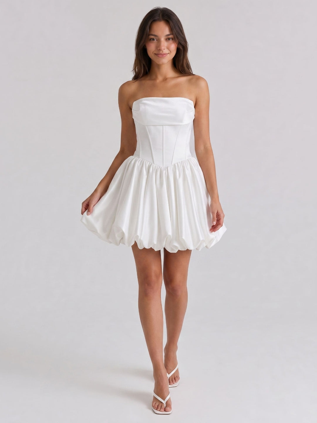 White Satin A-Line Straight Neck Back Zip Mini Homecoming Dress with Pleats
