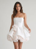 White Satin A-Line Straight Neck Backless Short Homecoming Dress with 3D Flowers