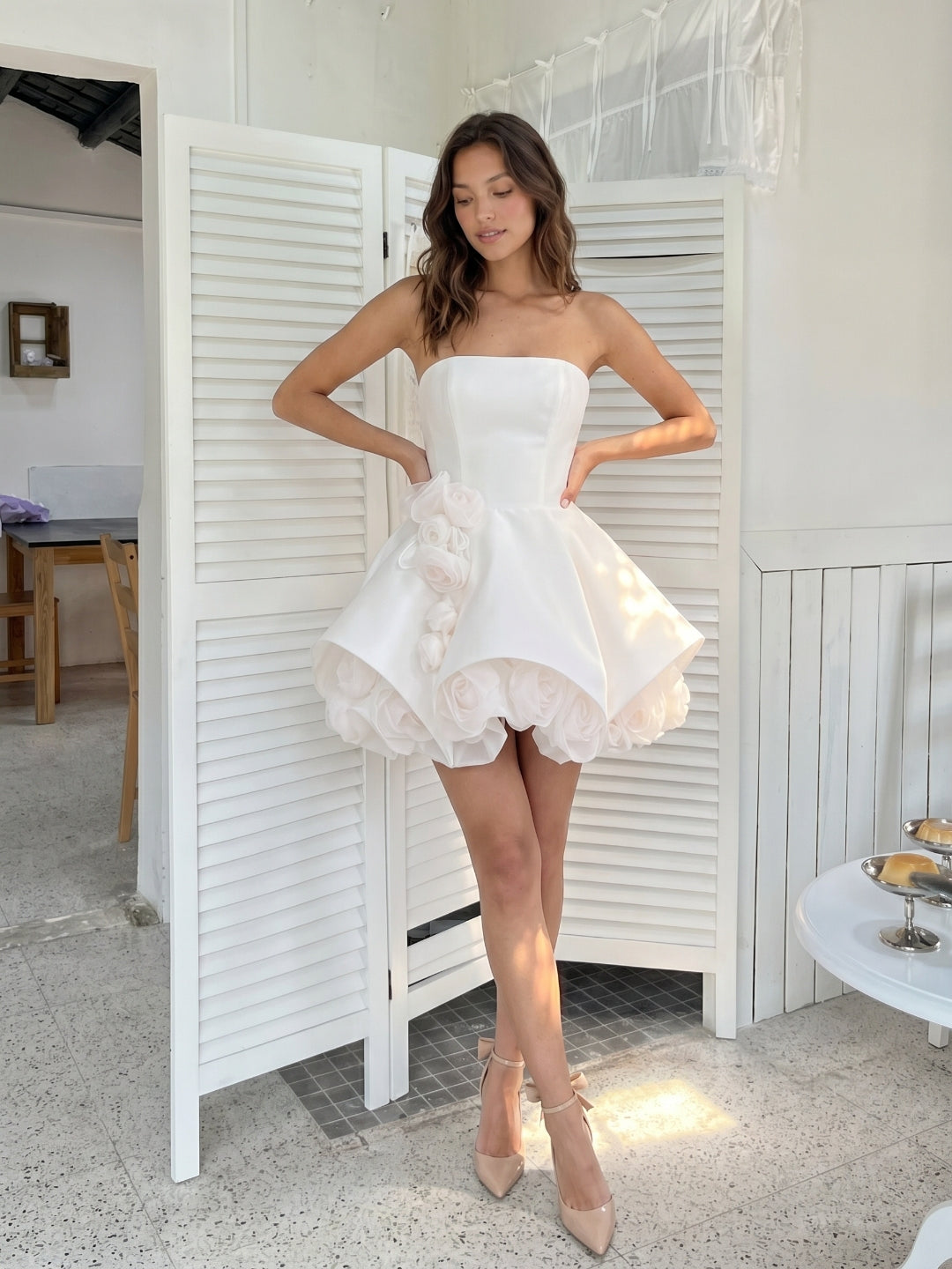 White Satin A-Line Straight Neck Backless Short Homecoming Dress with 3D Flowers