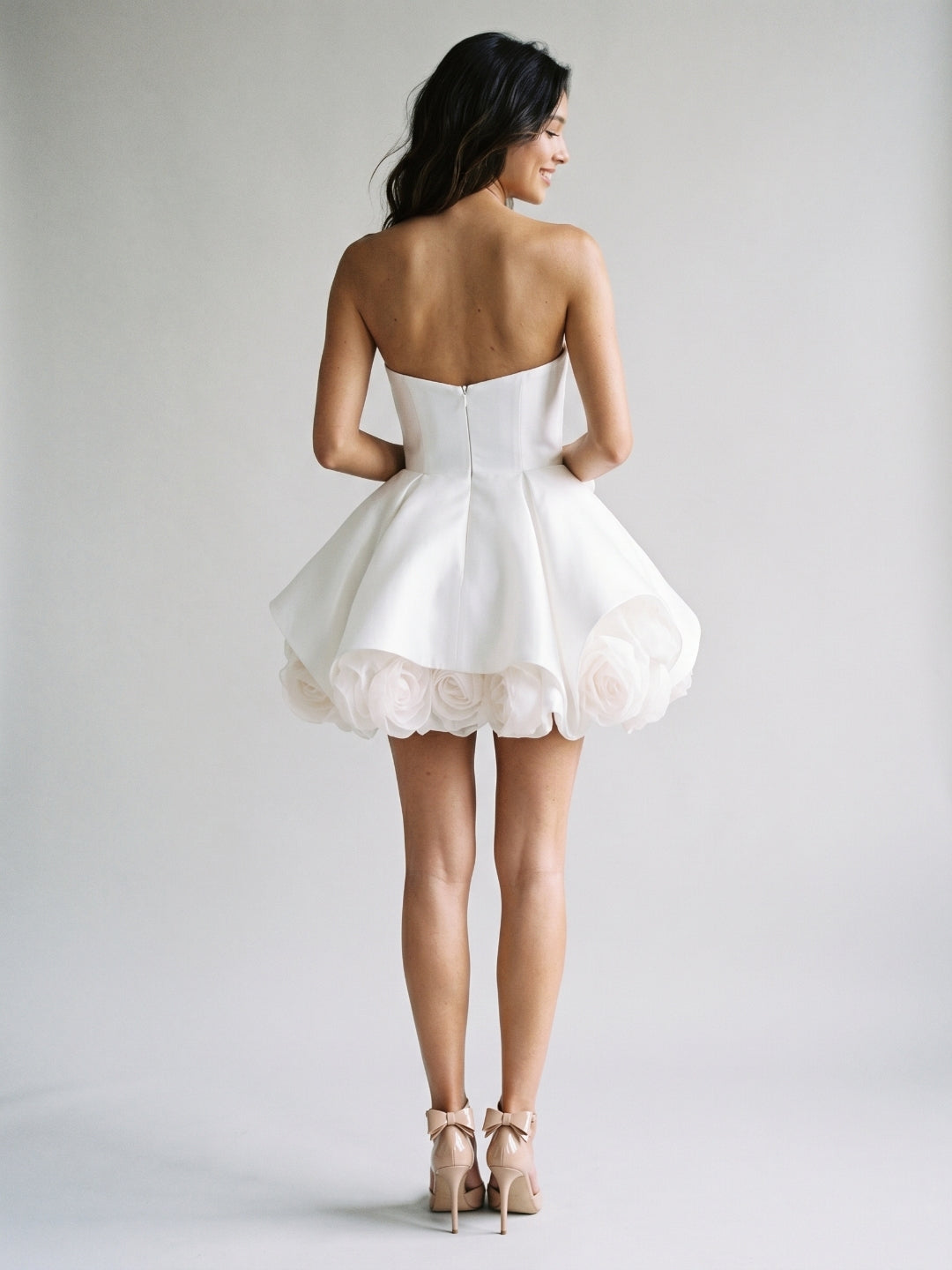 White Satin A-Line Straight Neck Backless Short Homecoming Dress with 3D Flowers