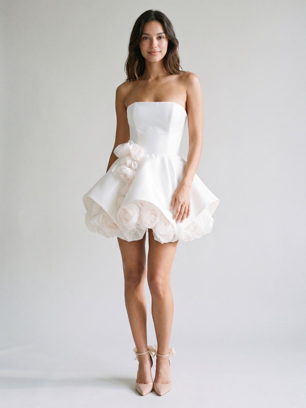 White Satin A-Line Straight Neck Backless Short Homecoming Dress with 3D Flowers