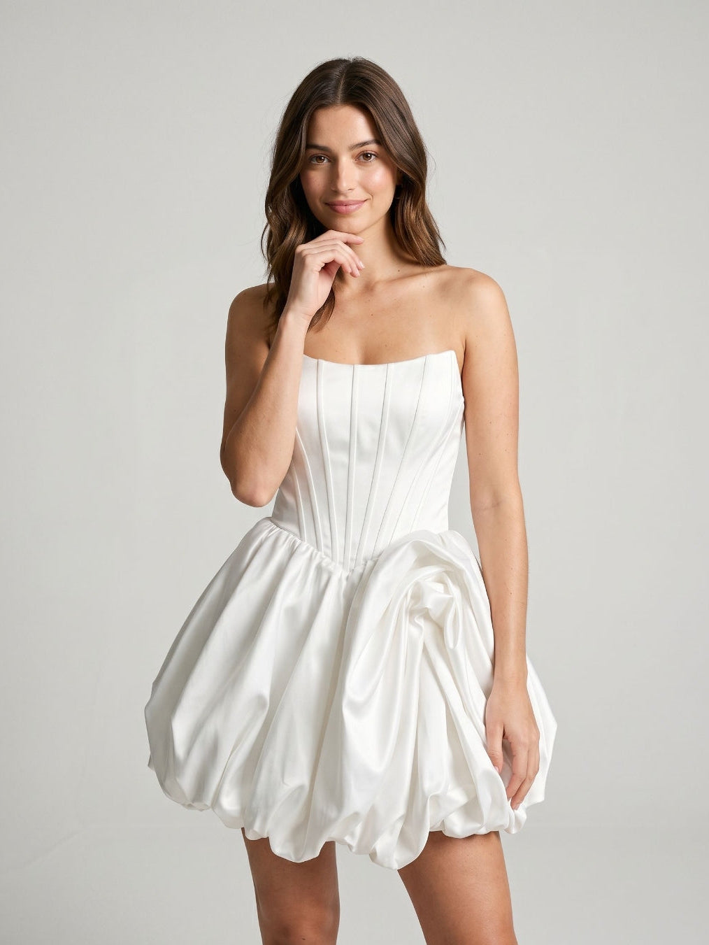White Satin A-Line Straight Neck Criss-Cross Straps Short Dress with Pleating