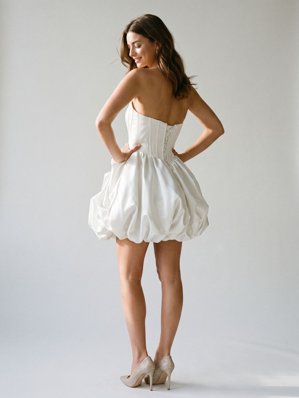 White Satin A-Line Straight Neck Criss-Cross Straps Short Dress with Pleating