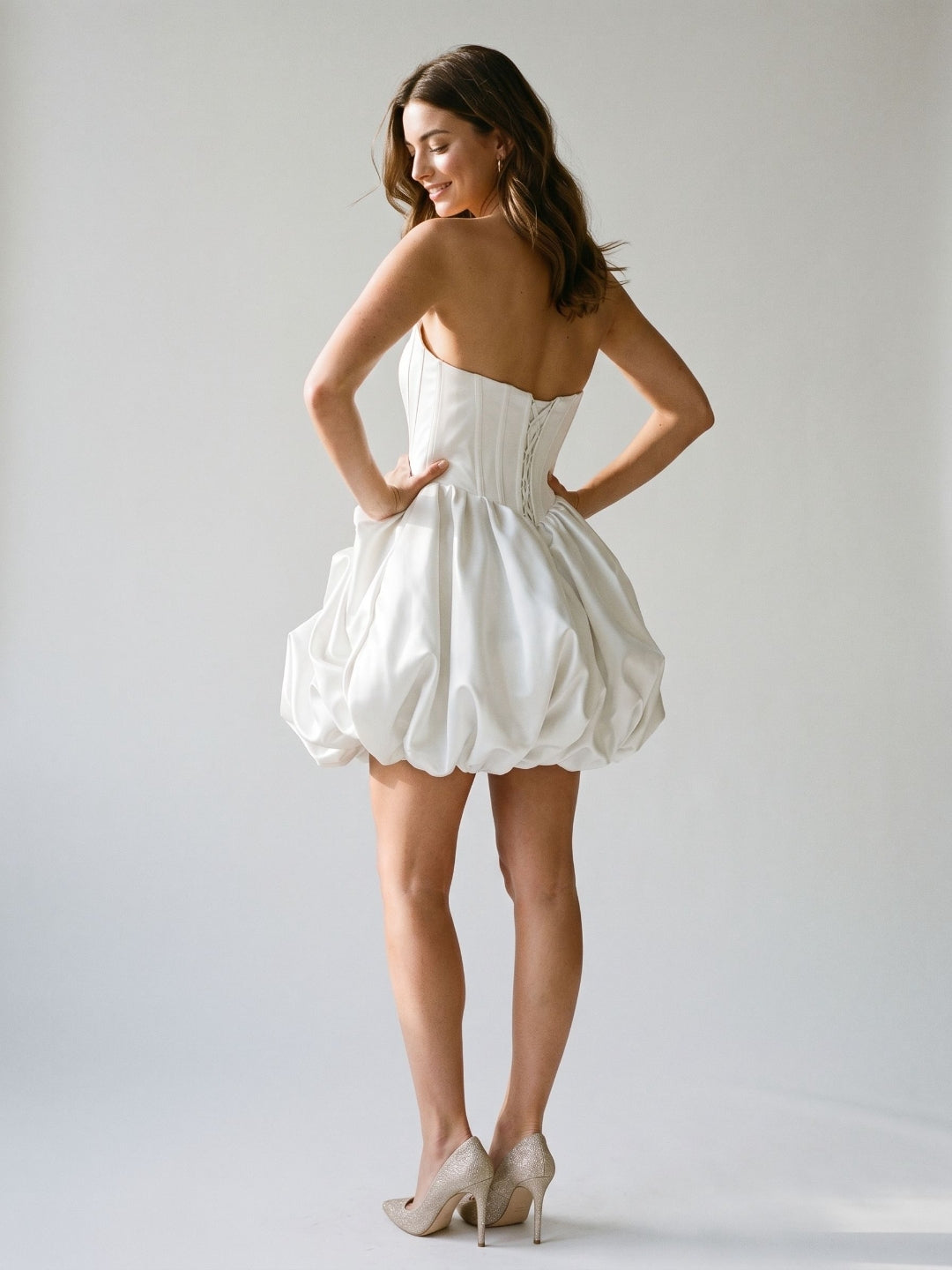 White Satin A-Line Straight Neck Criss-Cross Straps Short Dress with Pleating