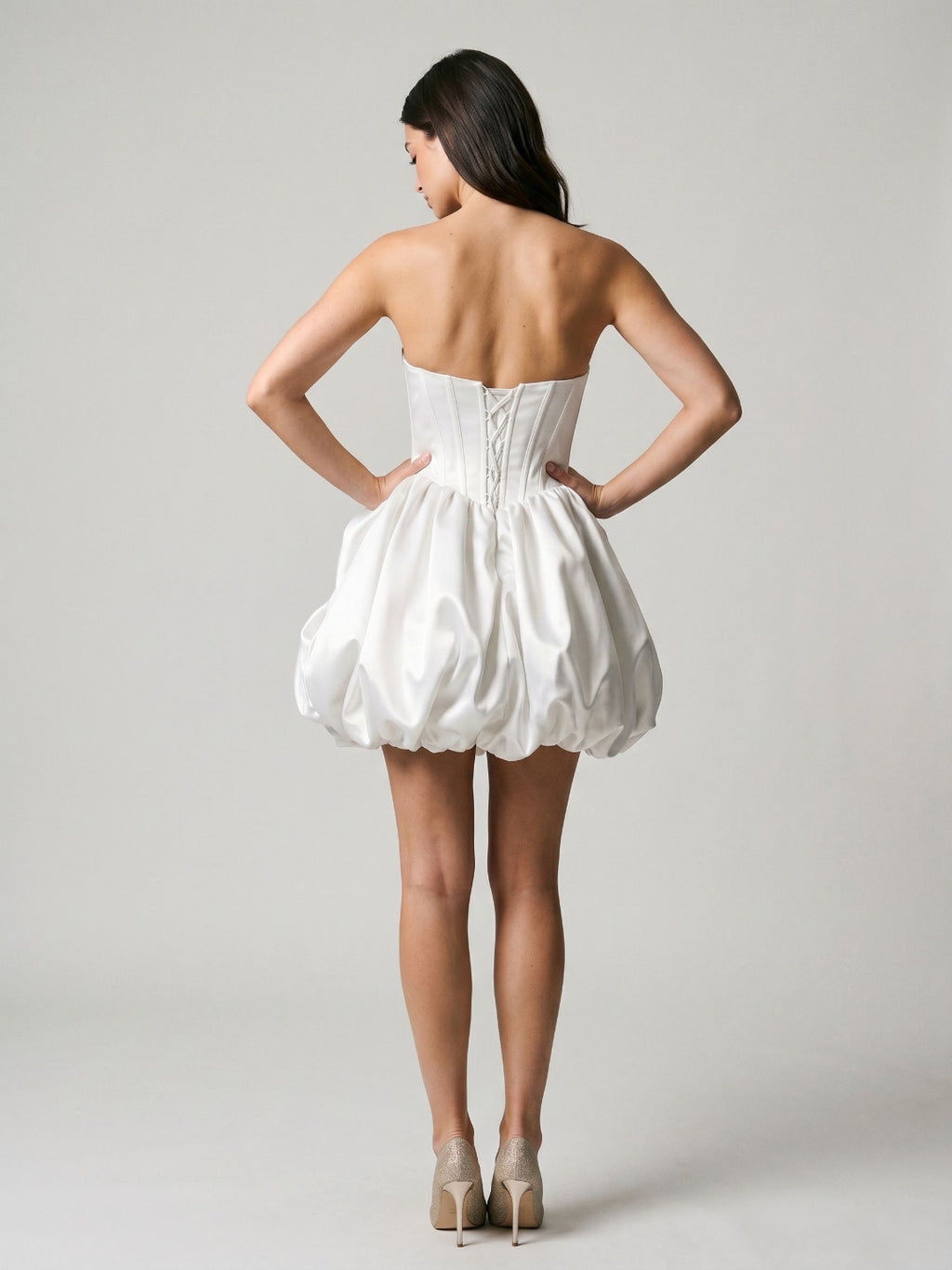 White Satin A-Line Straight Neck Criss-Cross Straps Short Dress with Pleating