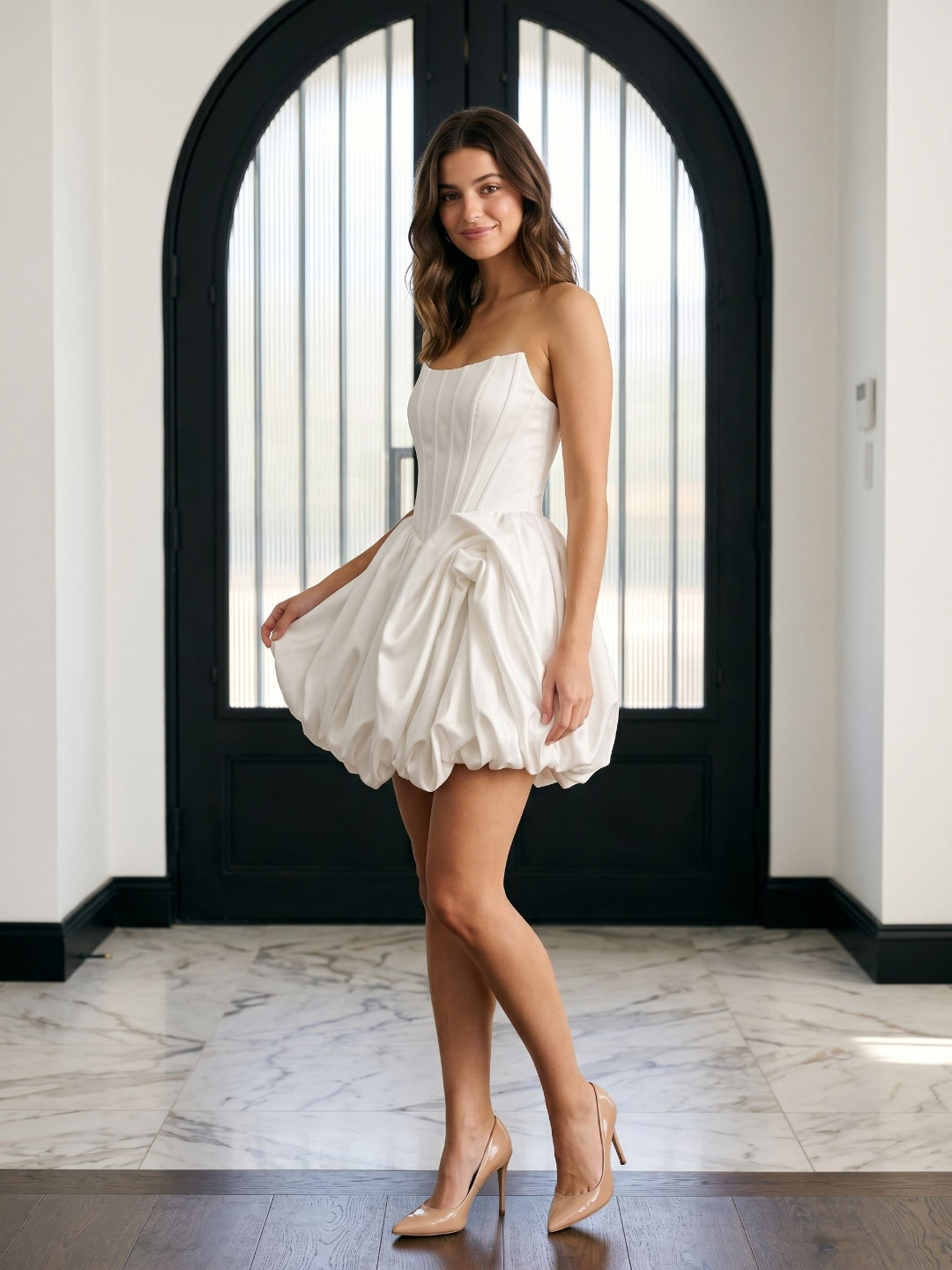 White Satin A-Line Straight Neck Criss-Cross Straps Short Dress with Pleating
