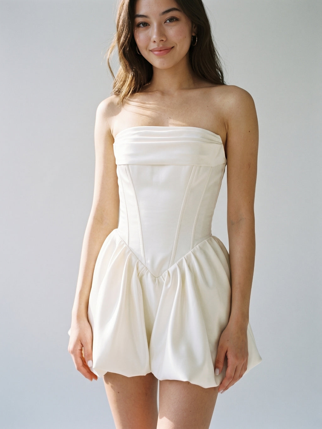 White Satin A-Line Straight Neck Criss-Cross Straps Short Homecoming Dress with Pleating