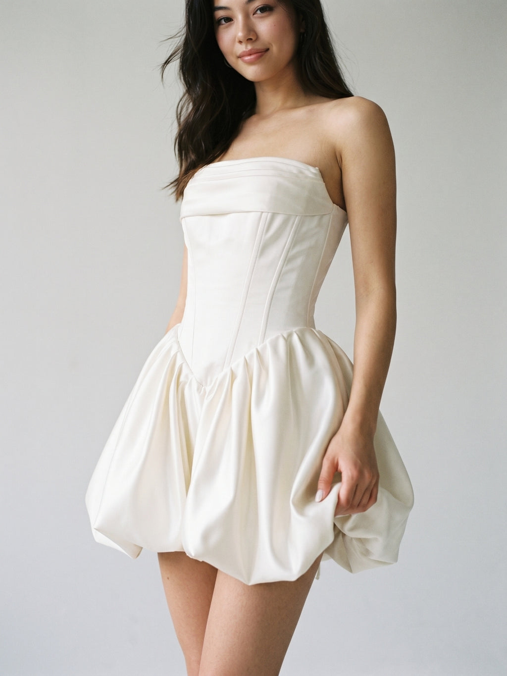 White Satin A-Line Straight Neck Criss-Cross Straps Short Homecoming Dress with Pleating