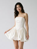 White Satin A-Line Straight Neck Criss-Cross Straps Short Homecoming Dress with Pleating