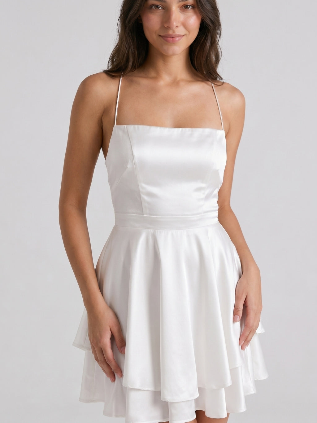 White Satin A-Line Straight Neck Lace-Up Mini Homecoming Dress with Pleats
