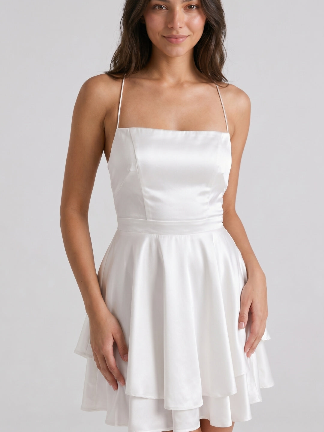 White Satin A-Line Straight Neck Lace-Up Mini Homecoming Dress with Pleats