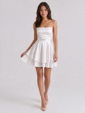 White Satin A-Line Straight Neck Lace-Up Mini Homecoming Dress with Pleats